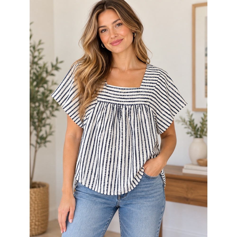 Madewell Striped Flutter Sleeve Top Medium Square Neck Textured Navy Blouse